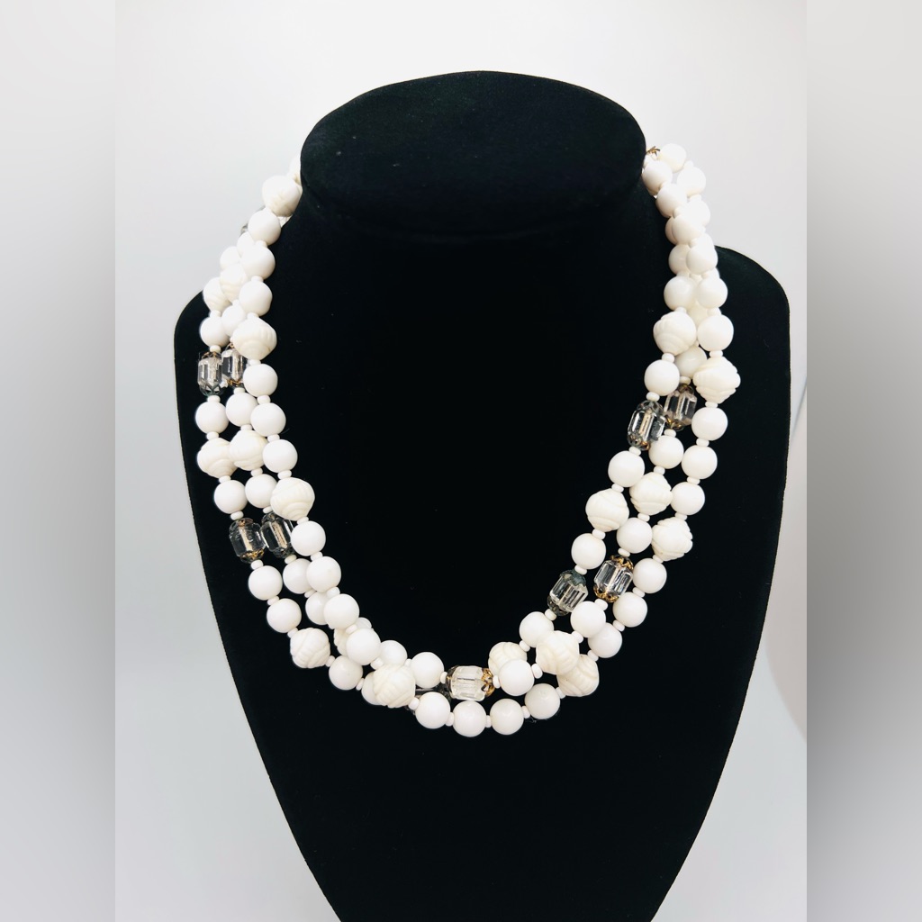 Vintage Western Germany Carved Milk Glass Double Strand Beaded Necklace